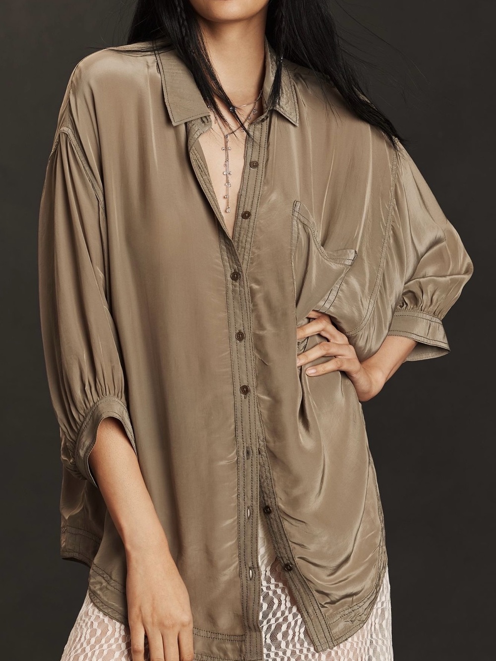 Anthropologie Silk-Look Button-Down Top in Taupe